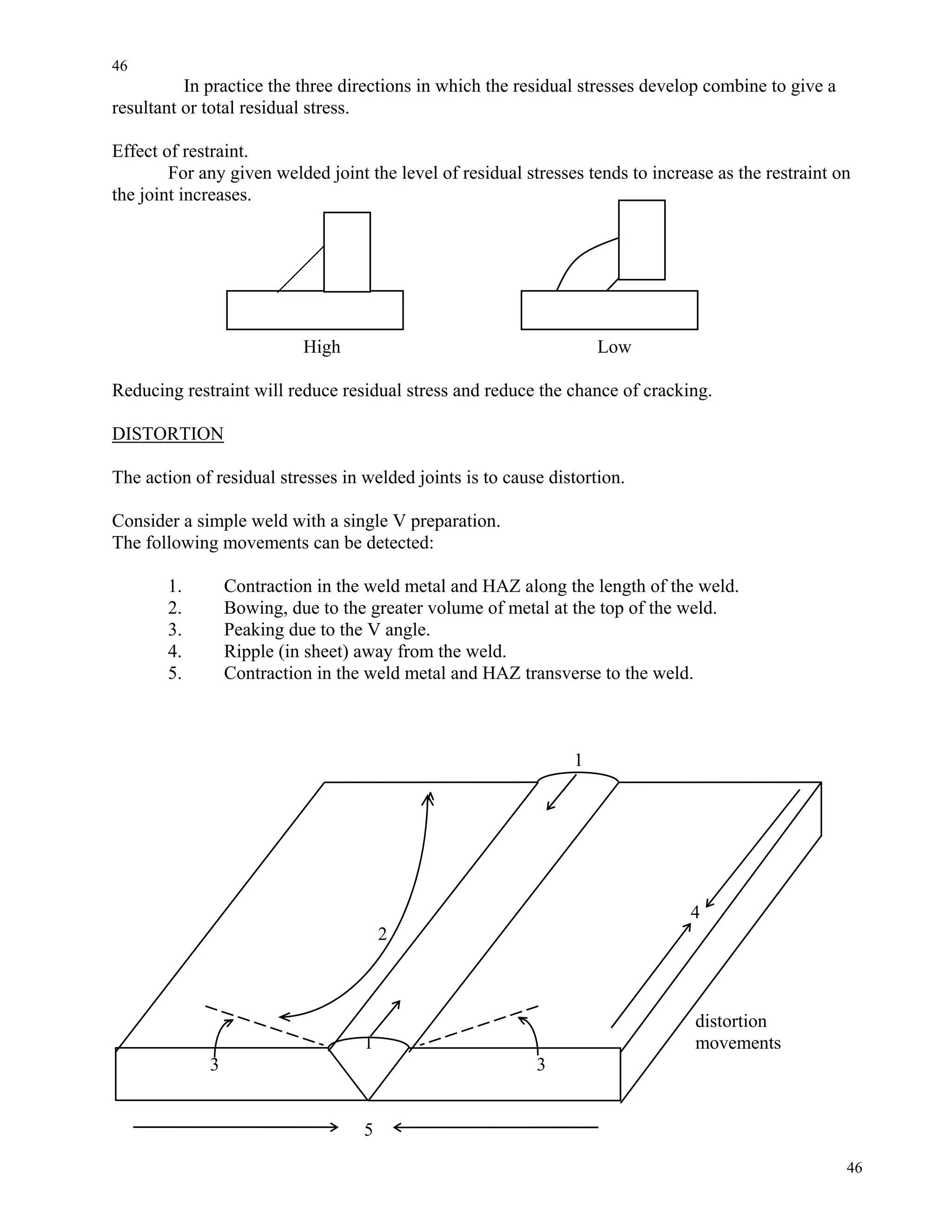 46
46
In practice the three directions in which the residual stresses develop combine to give a
resultant or total residual stress.
Effect of restraint.
For any given welded joint the level of residual stresses tends to increase as the restraint on
the joint increases.
High Low
Reducing restraint will reduce residual stress and reduce the chance of cracking.
DISTORTION
The action of residual stresses in welded joints is to cause distortion.
Consider a simple weld with a single V preparation.
The following movements can be detected:
1. Contraction in the weld metal and HAZ along the length of the weld.
2. Bowing, due to the greater volume of metal at the top of the weld.
3. Peaking due to the V angle.
4. Ripple (in sheet) away from the weld.
5. Contraction in the weld metal and HAZ transverse to the weld.
1
4
2
distortion
1 movements
3 3
5
 