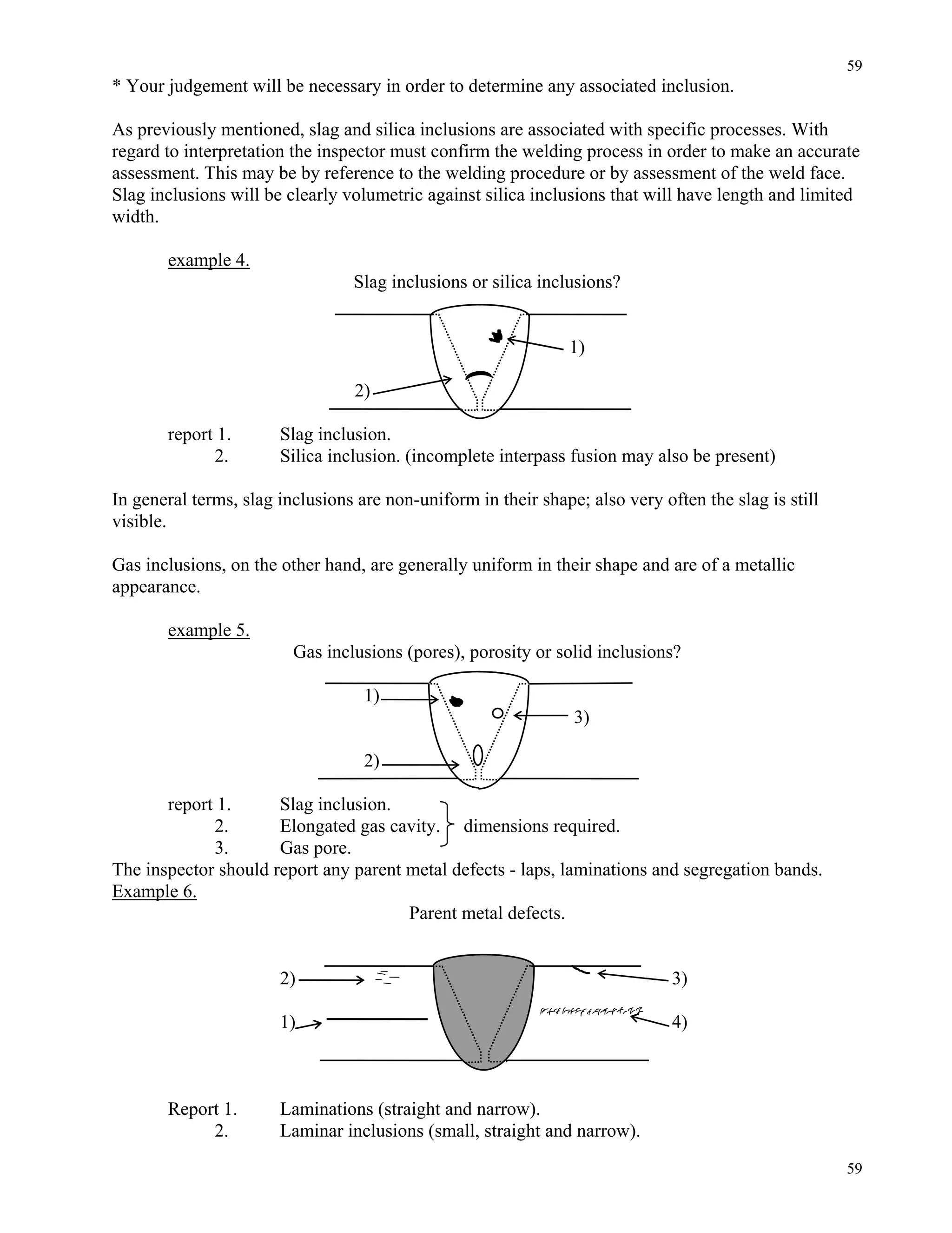 59
59
* Your judgement will be necessary in order to determine any associated inclusion.
As previously mentioned, slag and silica inclusions are associated with specific processes. With
regard to interpretation the inspector must confirm the welding process in order to make an accurate
assessment. This may be by reference to the welding procedure or by assessment of the weld face.
Slag inclusions will be clearly volumetric against silica inclusions that will have length and limited
width.
example 4.
Slag inclusions or silica inclusions?
1)
2)
report 1. Slag inclusion.
2. Silica inclusion. (incomplete interpass fusion may also be present)
In general terms, slag inclusions are non-uniform in their shape; also very often the slag is still
visible.
Gas inclusions, on the other hand, are generally uniform in their shape and are of a metallic
appearance.
example 5.
Gas inclusions (pores), porosity or solid inclusions?
1)
3)
2)
report 1. Slag inclusion.
2. Elongated gas cavity. dimensions required.
3. Gas pore.
The inspector should report any parent metal defects - laps, laminations and segregation bands.
Example 6.
Parent metal defects.
2) 3)
1) 4)
Report 1. Laminations (straight and narrow).
2. Laminar inclusions (small, straight and narrow).
 
