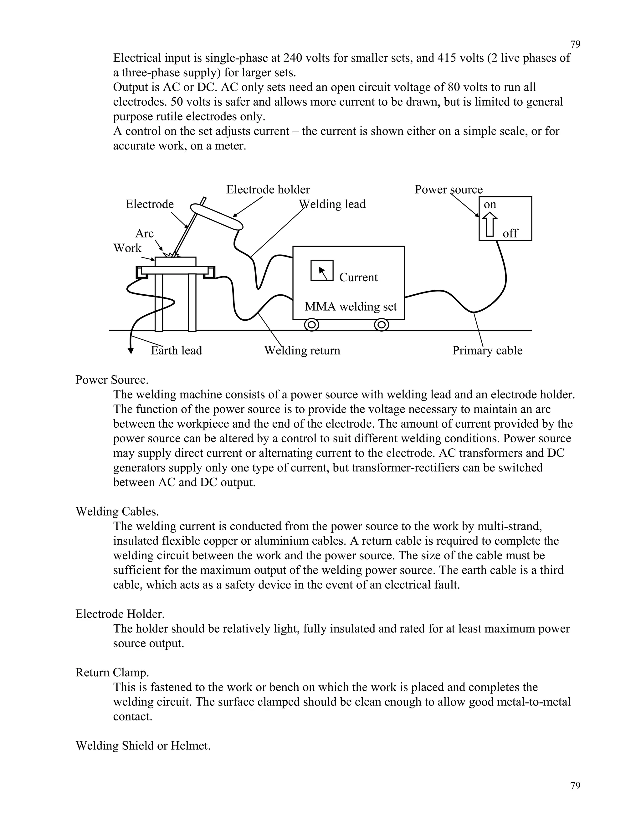 79
79
Electrical input is single-phase at 240 volts for smaller sets, and 415 volts (2 live phases of
a three-phase supply) for larger sets.
Output is AC or DC. AC only sets need an open circuit voltage of 80 volts to run all
electrodes. 50 volts is safer and allows more current to be drawn, but is limited to general
purpose rutile electrodes only.
A control on the set adjusts current – the current is shown either on a simple scale, or for
accurate work, on a meter.
Electrode holder Power source
Electrode Welding lead on
Arc off
Work
Current
MMA welding set
Earth lead Welding return Primary cable
Power Source.
The welding machine consists of a power source with welding lead and an electrode holder.
The function of the power source is to provide the voltage necessary to maintain an arc
between the workpiece and the end of the electrode. The amount of current provided by the
power source can be altered by a control to suit different welding conditions. Power source
may supply direct current or alternating current to the electrode. AC transformers and DC
generators supply only one type of current, but transformer-rectifiers can be switched
between AC and DC output.
Welding Cables.
The welding current is conducted from the power source to the work by multi-strand,
insulated flexible copper or aluminium cables. A return cable is required to complete the
welding circuit between the work and the power source. The size of the cable must be
sufficient for the maximum output of the welding power source. The earth cable is a third
cable, which acts as a safety device in the event of an electrical fault.
Electrode Holder.
The holder should be relatively light, fully insulated and rated for at least maximum power
source output.
Return Clamp.
This is fastened to the work or bench on which the work is placed and completes the
welding circuit. The surface clamped should be clean enough to allow good metal-to-metal
contact.
Welding Shield or Helmet.
 