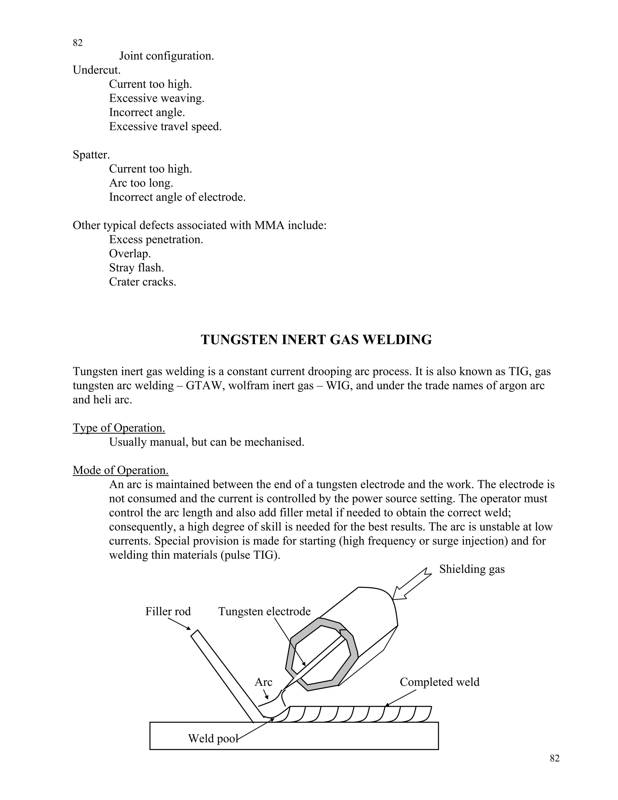 82
82
Joint configuration.
Undercut.
Current too high.
Excessive weaving.
Incorrect angle.
Excessive travel speed.
Spatter.
Current too high.
Arc too long.
Incorrect angle of electrode.
Other typical defects associated with MMA include:
Excess penetration.
Overlap.
Stray flash.
Crater cracks.
TUNGSTEN INERT GAS WELDING
Tungsten inert gas welding is a constant current drooping arc process. It is also known as TIG, gas
tungsten arc welding – GTAW, wolfram inert gas – WIG, and under the trade names of argon arc
and heli arc.
Type of Operation.
Usually manual, but can be mechanised.
Mode of Operation.
An arc is maintained between the end of a tungsten electrode and the work. The electrode is
not consumed and the current is controlled by the power source setting. The operator must
control the arc length and also add filler metal if needed to obtain the correct weld;
consequently, a high degree of skill is needed for the best results. The arc is unstable at low
currents. Special provision is made for starting (high frequency or surge injection) and for
welding thin materials (pulse TIG).
Shielding gas
Filler rod Tungsten electrode
Arc Completed weld
Weld pool
 