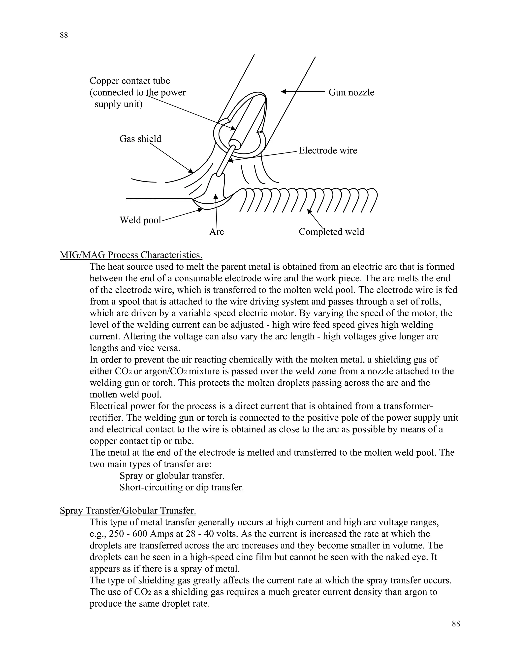 88
88
Copper contact tube
(connected to the power Gun nozzle
supply unit)
Gas shield
Electrode wire
Weld pool
Arc Completed weld
MIG/MAG Process Characteristics.
The heat source used to melt the parent metal is obtained from an electric arc that is formed
between the end of a consumable electrode wire and the work piece. The arc melts the end
of the electrode wire, which is transferred to the molten weld pool. The electrode wire is fed
from a spool that is attached to the wire driving system and passes through a set of rolls,
which are driven by a variable speed electric motor. By varying the speed of the motor, the
level of the welding current can be adjusted - high wire feed speed gives high welding
current. Altering the voltage can also vary the arc length - high voltages give longer arc
lengths and vice versa.
In order to prevent the air reacting chemically with the molten metal, a shielding gas of
either CO2 or argon/CO2 mixture is passed over the weld zone from a nozzle attached to the
welding gun or torch. This protects the molten droplets passing across the arc and the
molten weld pool.
Electrical power for the process is a direct current that is obtained from a transformer-
rectifier. The welding gun or torch is connected to the positive pole of the power supply unit
and electrical contact to the wire is obtained as close to the arc as possible by means of a
copper contact tip or tube.
The metal at the end of the electrode is melted and transferred to the molten weld pool. The
two main types of transfer are:
Spray or globular transfer.
Short-circuiting or dip transfer.
Spray Transfer/Globular Transfer.
This type of metal transfer generally occurs at high current and high arc voltage ranges,
e.g., 250 - 600 Amps at 28 - 40 volts. As the current is increased the rate at which the
droplets are transferred across the arc increases and they become smaller in volume. The
droplets can be seen in a high-speed cine film but cannot be seen with the naked eye. It
appears as if there is a spray of metal.
The type of shielding gas greatly affects the current rate at which the spray transfer occurs.
The use of CO2 as a shielding gas requires a much greater current density than argon to
produce the same droplet rate.
 