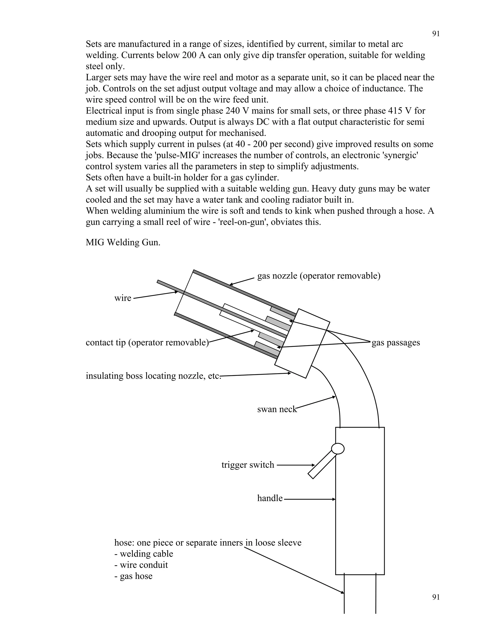 91
91
Sets are manufactured in a range of sizes, identified by current, similar to metal arc
welding. Currents below 200 A can only give dip transfer operation, suitable for welding
steel only.
Larger sets may have the wire reel and motor as a separate unit, so it can be placed near the
job. Controls on the set adjust output voltage and may allow a choice of inductance. The
wire speed control will be on the wire feed unit.
Electrical input is from single phase 240 V mains for small sets, or three phase 415 V for
medium size and upwards. Output is always DC with a flat output characteristic for semi
automatic and drooping output for mechanised.
Sets which supply current in pulses (at 40 - 200 per second) give improved results on some
jobs. Because the 'pulse-MIG' increases the number of controls, an electronic 'synergic'
control system varies all the parameters in step to simplify adjustments.
Sets often have a built-in holder for a gas cylinder.
A set will usually be supplied with a suitable welding gun. Heavy duty guns may be water
cooled and the set may have a water tank and cooling radiator built in.
When welding aluminium the wire is soft and tends to kink when pushed through a hose. A
gun carrying a small reel of wire - 'reel-on-gun', obviates this.
MIG Welding Gun.
gas nozzle (operator removable)
wire
contact tip (operator removable) gas passages
insulating boss locating nozzle, etc.
swan neck
trigger switch
handle
hose: one piece or separate inners in loose sleeve
- welding cable
- wire conduit
- gas hose
 