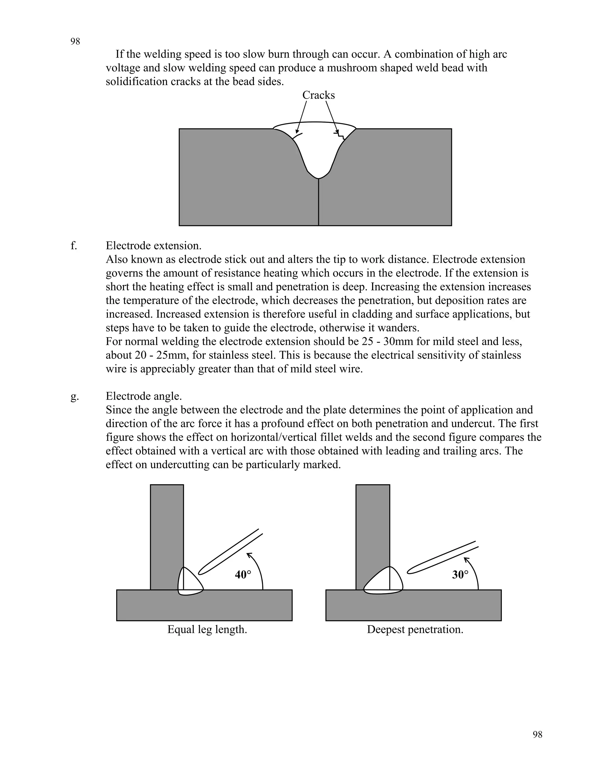 98
98
If the welding speed is too slow burn through can occur. A combination of high arc
voltage and slow welding speed can produce a mushroom shaped weld bead with
solidification cracks at the bead sides.
Cracks
f. Electrode extension.
Also known as electrode stick out and alters the tip to work distance. Electrode extension
governs the amount of resistance heating which occurs in the electrode. If the extension is
short the heating effect is small and penetration is deep. Increasing the extension increases
the temperature of the electrode, which decreases the penetration, but deposition rates are
increased. Increased extension is therefore useful in cladding and surface applications, but
steps have to be taken to guide the electrode, otherwise it wanders.
For normal welding the electrode extension should be 25 - 30mm for mild steel and less,
about 20 - 25mm, for stainless steel. This is because the electrical sensitivity of stainless
wire is appreciably greater than that of mild steel wire.
g. Electrode angle.
Since the angle between the electrode and the plate determines the point of application and
direction of the arc force it has a profound effect on both penetration and undercut. The first
figure shows the effect on horizontal/vertical fillet welds and the second figure compares the
effect obtained with a vertical arc with those obtained with leading and trailing arcs. The
effect on undercutting can be particularly marked.
40° 30°
Equal leg length. Deepest penetration.
 