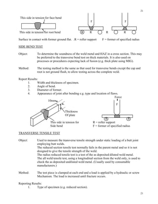 21
21
This side in tension for face bend
F F
This side in tension for root bend R R R R
Surface in contact with former ground flat. .R = roller support F = former of specified radius
SIDE BEND TEST
Object: To determine the soundness of the weld metal and HAZ in a cross section. This may
be preferred to the transverse bend test on thick materials. It is also used on
processes or procedures expecting lack of fusion (e.g. thick plate using MIG).
Method: The testing method is the same as that used for transverse bends except the cap and
root is not ground flush, to allow testing across the complete weld.
Report Results:
1. Width and thickness of specimen.
2. Angle of bend.
3. Diameter of former.
4. Appearance of joint after bending e.g. type and location of flaws.
Force
10mm
F
Thickness
Of plate
R R
This side in tension for R = roller support
Side bend F = former of specified radius
TRANSVERSE TENSILE TEST
Object: Used to measure the transverse tensile strength under static loading of a butt joint
employing butt welds.
The reduced section tensile test normally fails in the parent metal and so it is not
designed to give the tensile strength of the weld.
The radius reduced tensile test is a test of the as deposited diluted weld metal.
The all weld tensile test, using a longitudinal section from the weld only, is used to
check the as deposited undiluted weld metal. (Usually used by consumable
manufacturers.)
Method: The test piece is clamped at each end and a load is applied by a hydraulic or screw
Mechanism. The load is increased until fracture occurs.
Reporting Results:
1. Type of specimen (e.g. reduced section).
 