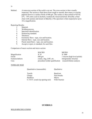 26
26
Method: A transverse section of the weld is cut out. The cross section is then visually
inspected. The section is filed down from rough to smooth, then emery or wet/dry
papered down to a surface finish of 600 grit. The surface is then etched in NITAL
(5% - 10% nitric acid in alcohol), washed off, rinsed and dried. (Possibly a final
clean with acetone and mount in Bakelite.) The specimen is then inspected at up to
10-x magnification.
Reporting Results:
1. Material.
2. Welding process.
3. Specimen identification.
4. Sentencing standard.
5. Thickness.
6. Geometric flaws - type, size and location.
7. Internal flaws - type, size and location.
8. Parent metal flaws - type, size and location.
9. Accept or reject, to standard, for each flaw.
Comparison of macro section and micro section:
MACRO MICRO
Magnification X 10 X 1000
Finish 600 grit 1 micron (high level polish)
Features/defects cracks, slag, LOF, etc. intergranular structure
Uses procedure/welder qualification research/failure analysis
TYPES OF TEST
Quantitative (measurable) Qualitative
Tensile Bend test
Charpy Nick breaks
Hardness Macro
C.T.O.T. (crack tip opening test) Fillet fracture
SYMBOLS
WELD SPECIFICATIONS
 