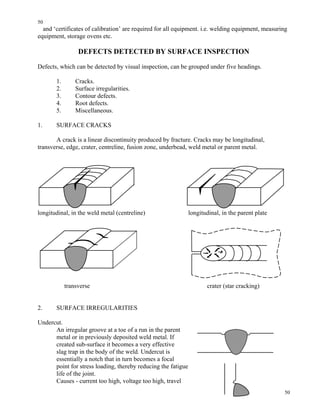 50
50
and ‘certificates of calibration’ are required for all equipment. i.e. welding equipment, measuring
equipment, storage ovens etc.
DEFECTS DETECTED BY SURFACE INSPECTION
Defects, which can be detected by visual inspection, can be grouped under five headings.
1. Cracks.
2. Surface irregularities.
3. Contour defects.
4. Root defects.
5. Miscellaneous.
1. SURFACE CRACKS
A crack is a linear discontinuity produced by fracture. Cracks may be longitudinal,
transverse, edge, crater, centreline, fusion zone, underbead, weld metal or parent metal.
longitudinal, in the weld metal (centreline) longitudinal, in the parent plate
transverse crater (star cracking)
2. SURFACE IRREGULARITIES
Undercut.
An irregular groove at a toe of a run in the parent
metal or in previously deposited weld metal. If
created sub-surface it becomes a very effective
slag trap in the body of the weld. Undercut is
essentially a notch that in turn becomes a focal
point for stress loading, thereby reducing the fatigue
life of the joint.
Causes - current too high, voltage too high, travel
 