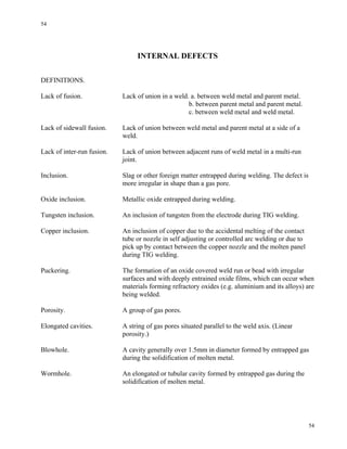 54
54
INTERNAL DEFECTS
DEFINITIONS.
Lack of fusion. Lack of union in a weld. a. between weld metal and parent metal.
b. between parent metal and parent metal.
c. between weld metal and weld metal.
Lack of sidewall fusion. Lack of union between weld metal and parent metal at a side of a
weld.
Lack of inter-run fusion. Lack of union between adjacent runs of weld metal in a multi-run
joint.
Inclusion. Slag or other foreign matter entrapped during welding. The defect is
more irregular in shape than a gas pore.
Oxide inclusion. Metallic oxide entrapped during welding.
Tungsten inclusion. An inclusion of tungsten from the electrode during TIG welding.
Copper inclusion. An inclusion of copper due to the accidental melting of the contact
tube or nozzle in self adjusting or controlled arc welding or due to
pick up by contact between the copper nozzle and the molten panel
during TIG welding.
Puckering. The formation of an oxide covered weld run or bead with irregular
surfaces and with deeply entrained oxide films, which can occur when
materials forming refractory oxides (e.g. aluminium and its alloys) are
being welded.
Porosity. A group of gas pores.
Elongated cavities. A string of gas pores situated parallel to the weld axis. (Linear
porosity.)
Blowhole. A cavity generally over 1.5mm in diameter formed by entrapped gas
during the solidification of molten metal.
Wormhole. An elongated or tubular cavity formed by entrapped gas during the
solidification of molten metal.
 