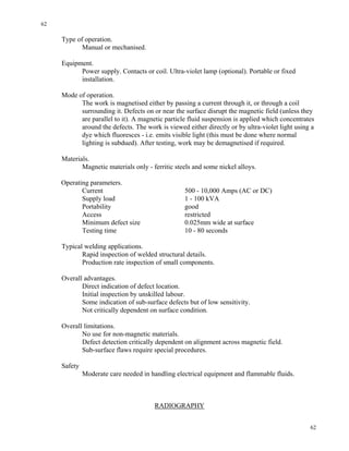62
62
Type of operation.
Manual or mechanised.
Equipment.
Power supply. Contacts or coil. Ultra-violet lamp (optional). Portable or fixed
installation.
Mode of operation.
The work is magnetised either by passing a current through it, or through a coil
surrounding it. Defects on or near the surface disrupt the magnetic field (unless they
are parallel to it). A magnetic particle fluid suspension is applied which concentrates
around the defects. The work is viewed either directly or by ultra-violet light using a
dye which fluoresces - i.e. emits visible light (this must be done where normal
lighting is subdued). After testing, work may be demagnetised if required.
Materials.
Magnetic materials only - ferritic steels and some nickel alloys.
Operating parameters.
Current 500 - 10,000 Amps (AC or DC)
Supply load 1 - 100 kVA
Portability good
Access restricted
Minimum defect size 0.025mm wide at surface
Testing time 10 - 80 seconds
Typical welding applications.
Rapid inspection of welded structural details.
Production rate inspection of small components.
Overall advantages.
Direct indication of defect location.
Initial inspection by unskilled labour.
Some indication of sub-surface defects but of low sensitivity.
Not critically dependent on surface condition.
Overall limitations.
No use for non-magnetic materials.
Defect detection critically dependent on alignment across magnetic field.
Sub-surface flaws require special procedures.
Safety
Moderate care needed in handling electrical equipment and flammable fluids.
RADIOGRAPHY
 