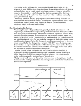 89
89
With the use of high currents giving strong magnetic fields very directional arcs are
produced. In argon shielding gases the action of these forces on the droplets is well balanced
and transfer from wire to work is smooth with little or no spatter. However, with a CO2
shield the forces tend to be out of balance giving rise to an arcing condition that is less
smooth and spatter levels are heavier. Metal transfer under these conditions is normally
called globular or free flight.
The welding conditions that give spray or globular transfer are normally associated with
high deposition rates on medium and thick sections giving high productivity. It has a higher
heat input and can only be used in the flat and HV positions except when welding
aluminium when it can be used in all positions.
Short Circuiting Arc/Dip Transfer.
When using lower arc voltages and currents, generally in the 16 - 26 volt and 60 - 180
ampere ranges, metal transfer takes place during short circuits between the electrode and the
weld pool, giving a lower heat input. These follow a consistent sequence of alternate arcing
and short circuiting causing the end of the electrode wire to dip into the weld. As the wire
touches the weld pool there is a rise of current, the resistance of the wire causes heating and
the end of the electrode melts. The wire necks due to a magnetic pinch effect and the molten
metal flows into the pool. During this short circuit period the current delivered by the power
source is much higher than during arcing - typically 1000 - 1500 amps. This creates high
forces that have an explosive effect on the weld pool and spatter is considerable. To reduce
this effect an inductance is connected in series with the power supply and the arc to reduce
the rate of rise of current during the short circuit period.
The short circuit is cleared more slowly and gently, and the spatter is reduced to an
acceptable level. Ideally the droplets are transferred in an almost irregular dip/arc cycle
taking place about 50 - 200 times a second. Too little inductance gives rise to unstable
arcing conditions, excessive spatter and lack of fusion defects.
The dip transfer mode is used for the welding of thin sheet and medium plate, and for all
thicknesses when welding in the vertical or overhead positions. (With thicker plate there can
be lack of fusion problems.)
Time
short circuit cycle arcing cycle
current
voltage
 