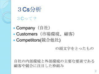 ３Cs分析
 Company（自社）
 Customers（市場環境、顧客）
 Competitors(競合他社)
３Cって？
の頭文字をとったもの
自社の内部環境と外部環境の主要な要素である
顧客や競合に注目した枠組み
2
 