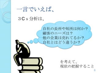 一言でいえば、
３Cｓ分析は、
自社の長所や短所は何か？
顧客のニーズは？
他の企業は売れてるか？
自社とはどう違うか？
を考えて、
現状の把握すること
6
 