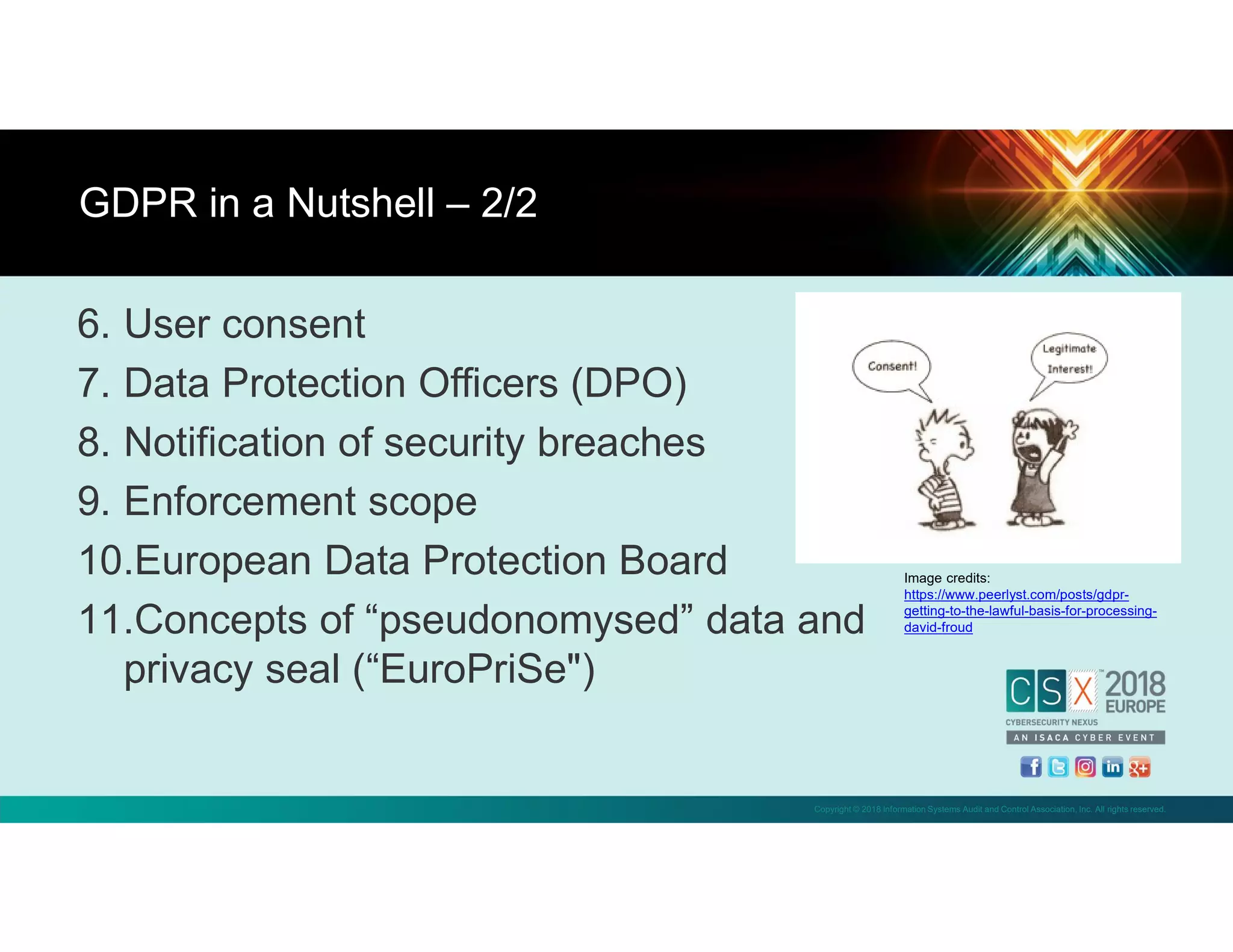 Copyright © 2018 Information Systems Audit and Control Association, Inc. All rights reserved.
6. User consent
7. Data Protection Officers (DPO)
8. Notification of security breaches
9. Enforcement scope
10.European Data Protection Board
11.Concepts of “pseudonomysed” data and
privacy seal (“EuroPriSe")
GDPR in a Nutshell – 2/2
Image credits:
https://www.peerlyst.com/posts/gdpr-
getting-to-the-lawful-basis-for-processing-
david-froud
 