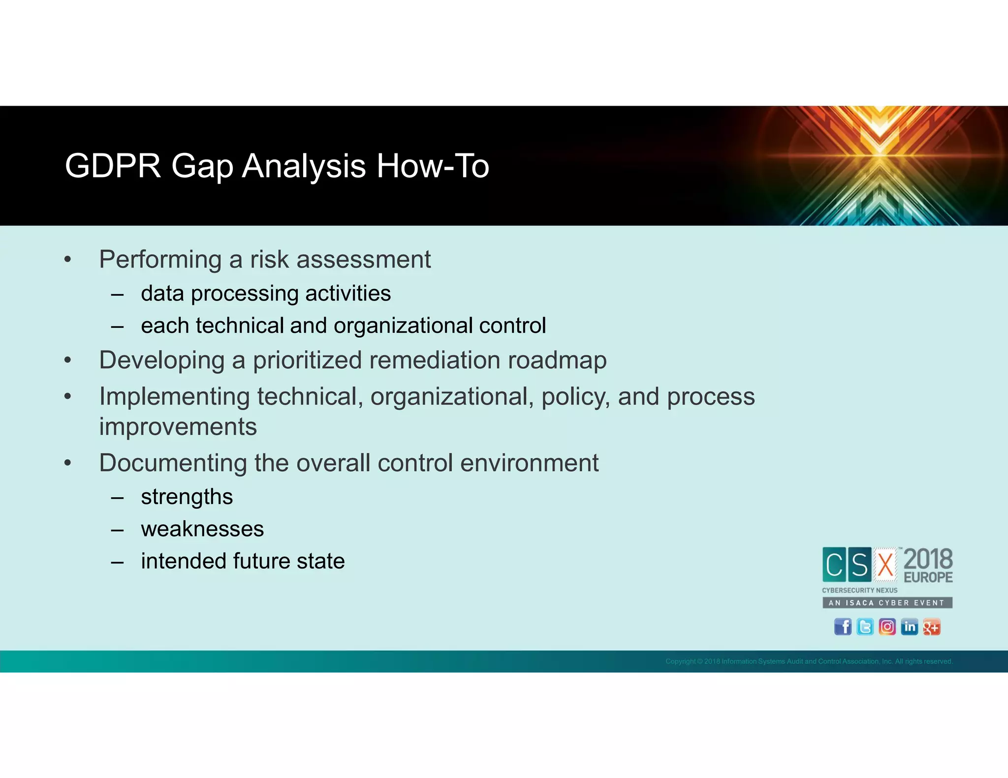 Copyright © 2018 Information Systems Audit and Control Association, Inc. All rights reserved.
• Performing a risk assessment
– data processing activities
– each technical and organizational control
• Developing a prioritized remediation roadmap
• Implementing technical, organizational, policy, and process
improvements
• Documenting the overall control environment
– strengths
– weaknesses
– intended future state
GDPR Gap Analysis How-To
 