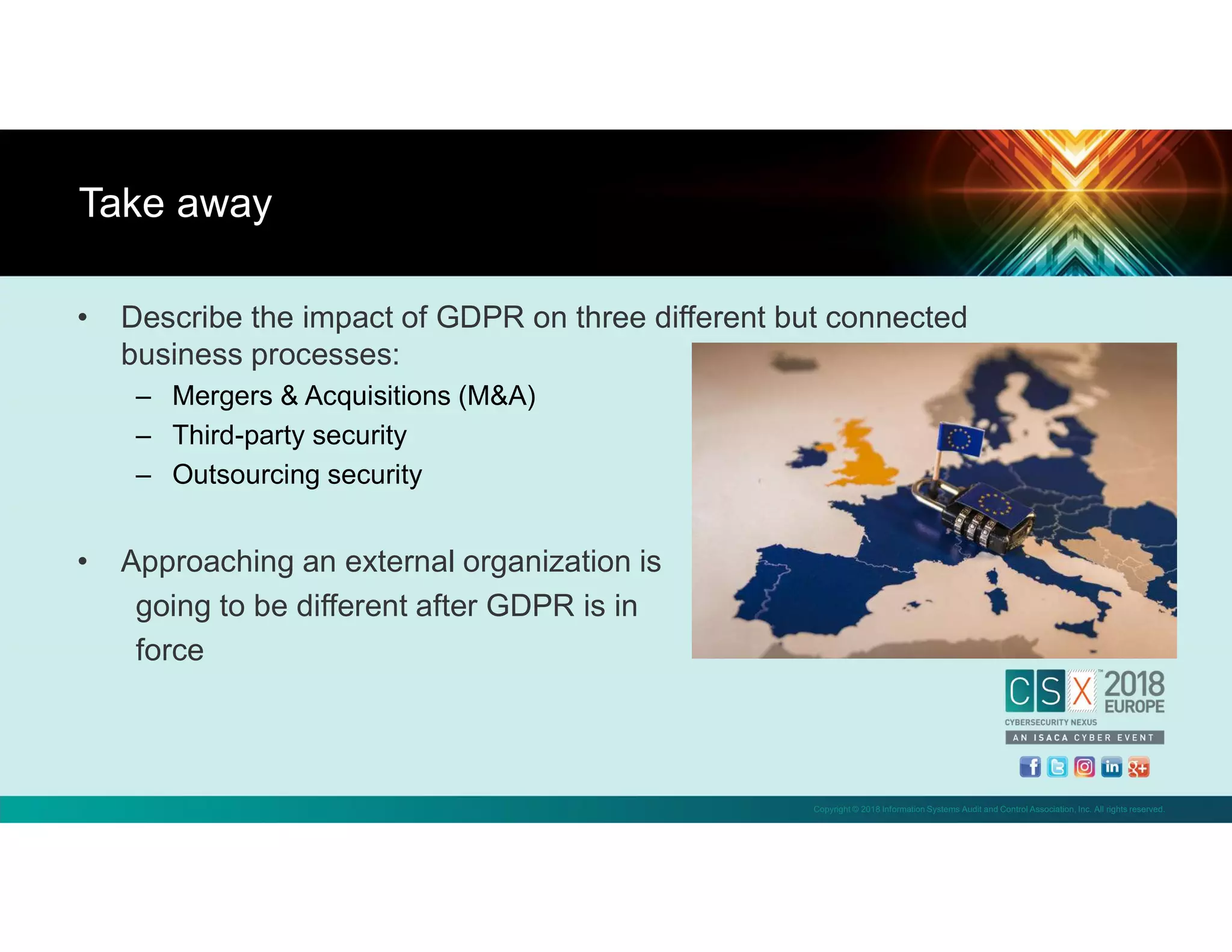 Copyright © 2018 Information Systems Audit and Control Association, Inc. All rights reserved.
• Describe the impact of GDPR on three different but connected
business processes:
– Mergers & Acquisitions (M&A)
– Third-party security
– Outsourcing security
• Approaching an external organization is
going to be different after GDPR is in
force
Take away
 