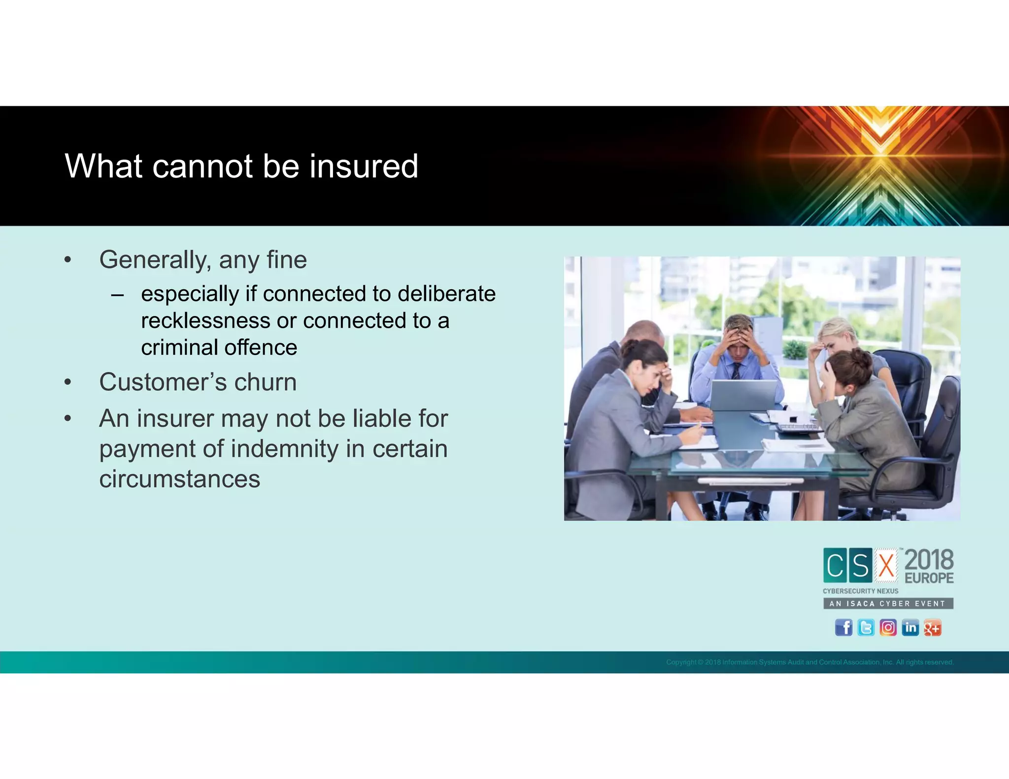 Copyright © 2018 Information Systems Audit and Control Association, Inc. All rights reserved.
• Generally, any fine
– especially if connected to deliberate
recklessness or connected to a
criminal offence
• Customer’s churn
• An insurer may not be liable for
payment of indemnity in certain
circumstances
What cannot be insured
 