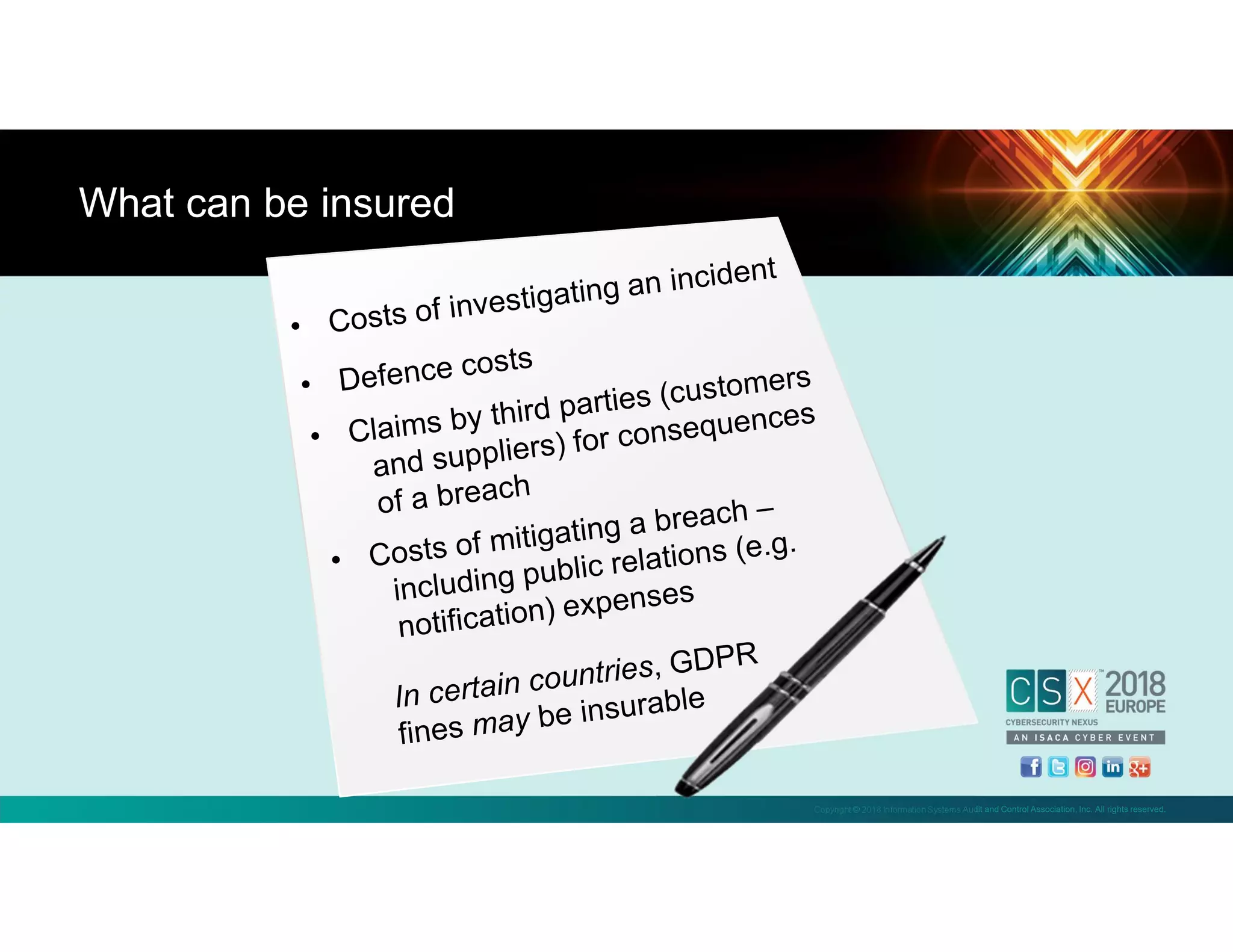 Copyright © 2018 Information Systems Audit and Control Association, Inc. All rights reserved.
What can be insured
 