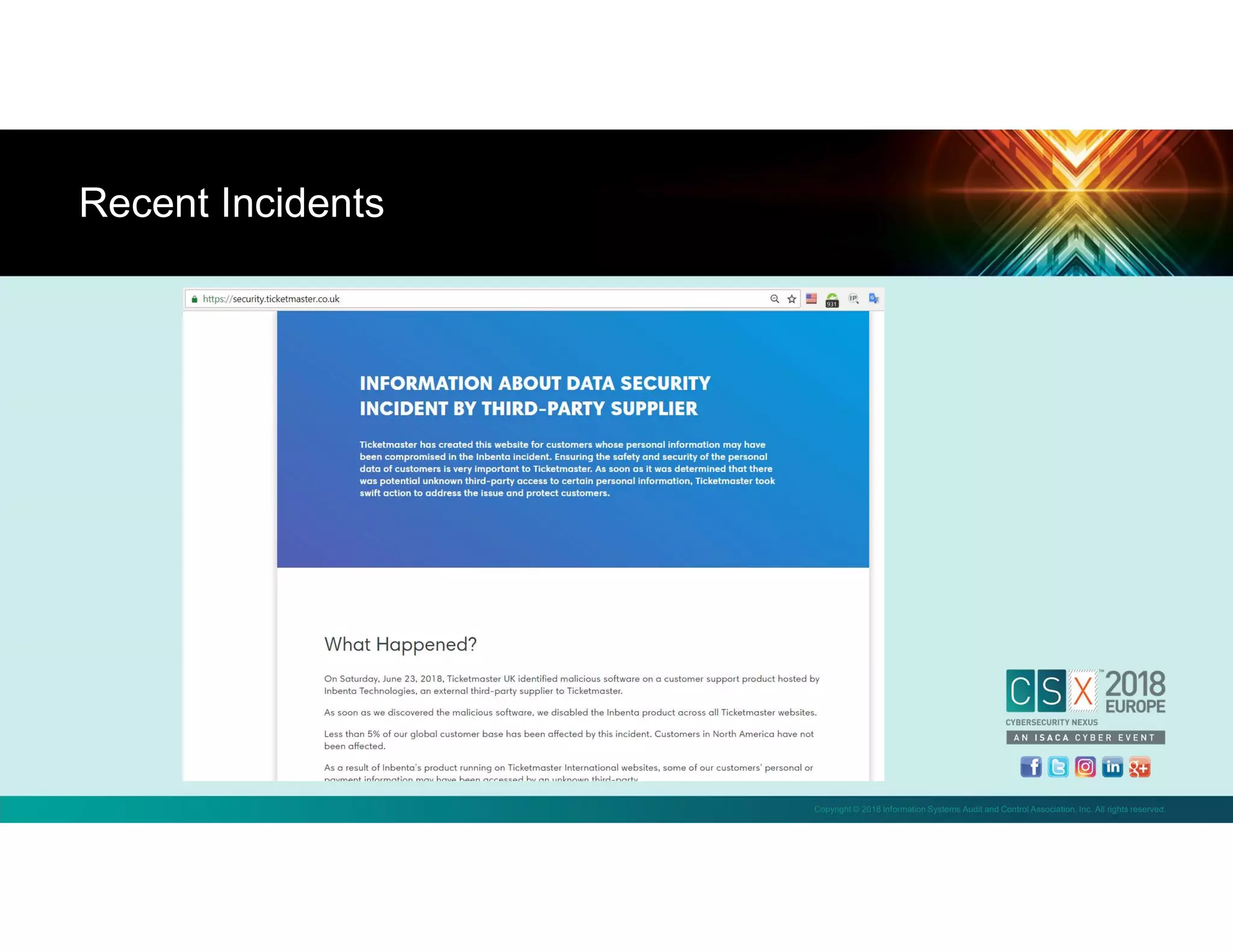 Copyright © 2018 Information Systems Audit and Control Association, Inc. All rights reserved.
Recent Incidents
 