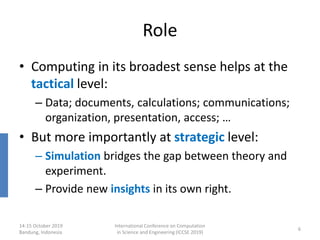 Role
• Computing in its broadest sense helps at the
tactical level:
– Data; documents, calculations; communications;
organization, presentation, access; …
• But more importantly at strategic level:
– Simulation bridges the gap between theory and
experiment.
– Provide new insights in its own right.
14-15 October 2019
Bandung, Indonesia
International Conference on Computation
in Science and Engineering (ICCSE 2019)
6
 
