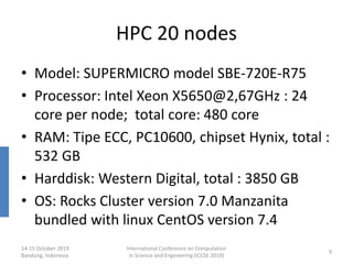 HPC 20 nodes
• Model: SUPERMICRO model SBE-720E-R75
• Processor: Intel Xeon X5650@2,67GHz : 24
core per node; total core: 480 core
• RAM: Tipe ECC, PC10600, chipset Hynix, total :
532 GB
• Harddisk: Western Digital, total : 3850 GB
• OS: Rocks Cluster version 7.0 Manzanita
bundled with linux CentOS version 7.4
14-15 October 2019
Bandung, Indonesia
International Conference on Computation
in Science and Engineering (ICCSE 2019)
9
 