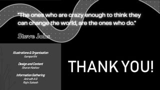 THANK YOU!
Illustrations& Organisation
Ilamparithi
DesignandContent
SharanKeshav
InformationGathering
AnirudhAG
RajivSukesh
 