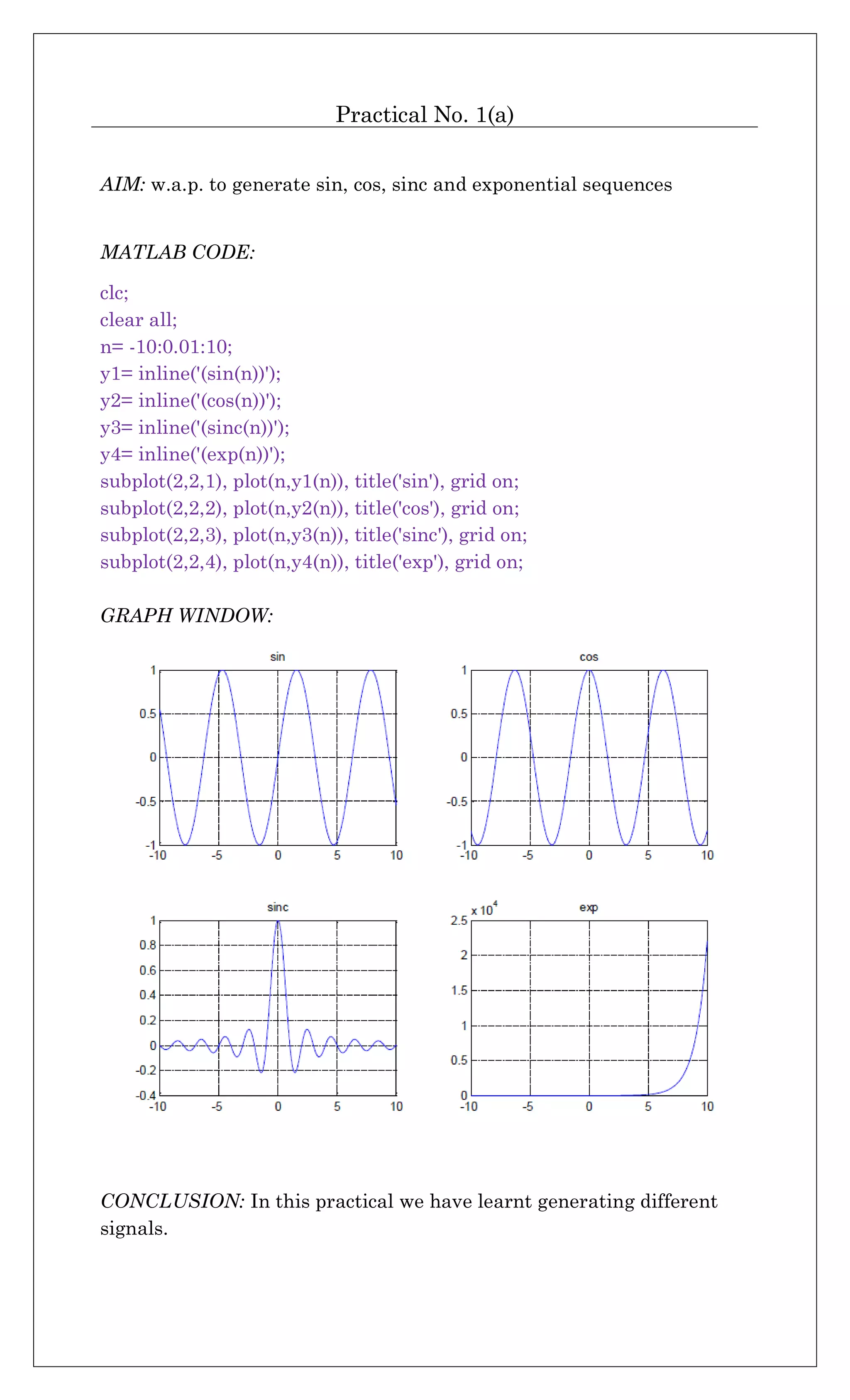 Practical No. 1(a)
AIM: w.a.p. to generate sin, cos, sinc and exponential sequences
MATLAB CODE:
clc;
clear all;
n= -10:0.01:10;
y1= inline('(sin(n))');
y2= inline('(cos(n))');
y3= inline('(sinc(n))');
y4= inline('(exp(n))');
subplot(2,2,1), plot(n,y1(n)), title('sin'), grid on;
subplot(2,2,2), plot(n,y2(n)), title('cos'), grid on;
subplot(2,2,3), plot(n,y3(n)), title('sinc'), grid on;
subplot(2,2,4), plot(n,y4(n)), title('exp'), grid on;
GRAPH WINDOW:
CONCLUSION: In this practical we have learnt generating different
signals.
 