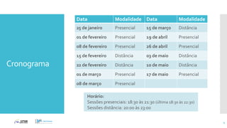 Cronograma
4
Data Modalidade Data Modalidade
25 de janeiro Presencial 15 de março Distância
01 de fevereiro Presencial 19 de abril Presencial
08 de fevereiro Presencial 26 de abril Presencial
15 de fevereiro Distância 03 de maio Distância
22 de fevereiro Distância 10 de maio Distância
01 de março Presencial 17 de maio Presencial
08 de março Presencial
Horário:
Sessões presenciais: 18:30 às 21:30 (última 18:30 às 22:30)
Sessões distância: 20:00 às 23:00
 