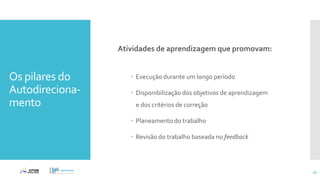 Os pilares do
Autodireciona-
mento
Atividades de aprendizagem que promovam:
 Execução durante um longo período
 Disponibilização dos objetivos de aprendizagem
e dos critérios de correção
 Planeamento do trabalho
 Revisão do trabalho baseada no feedback
52
 
