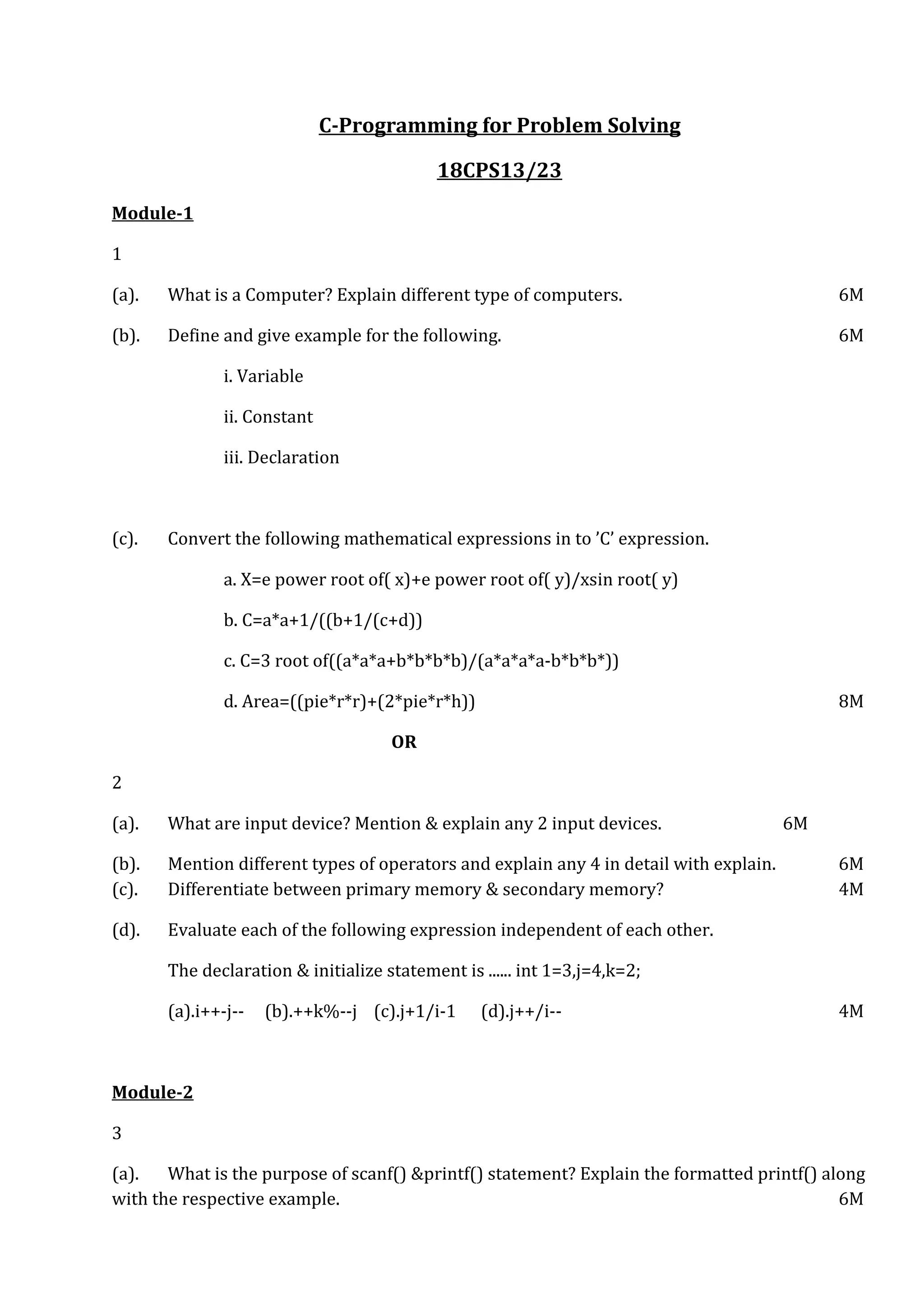 1st and 2nd Semester 2018 scheme C cycle model question papers | PDF