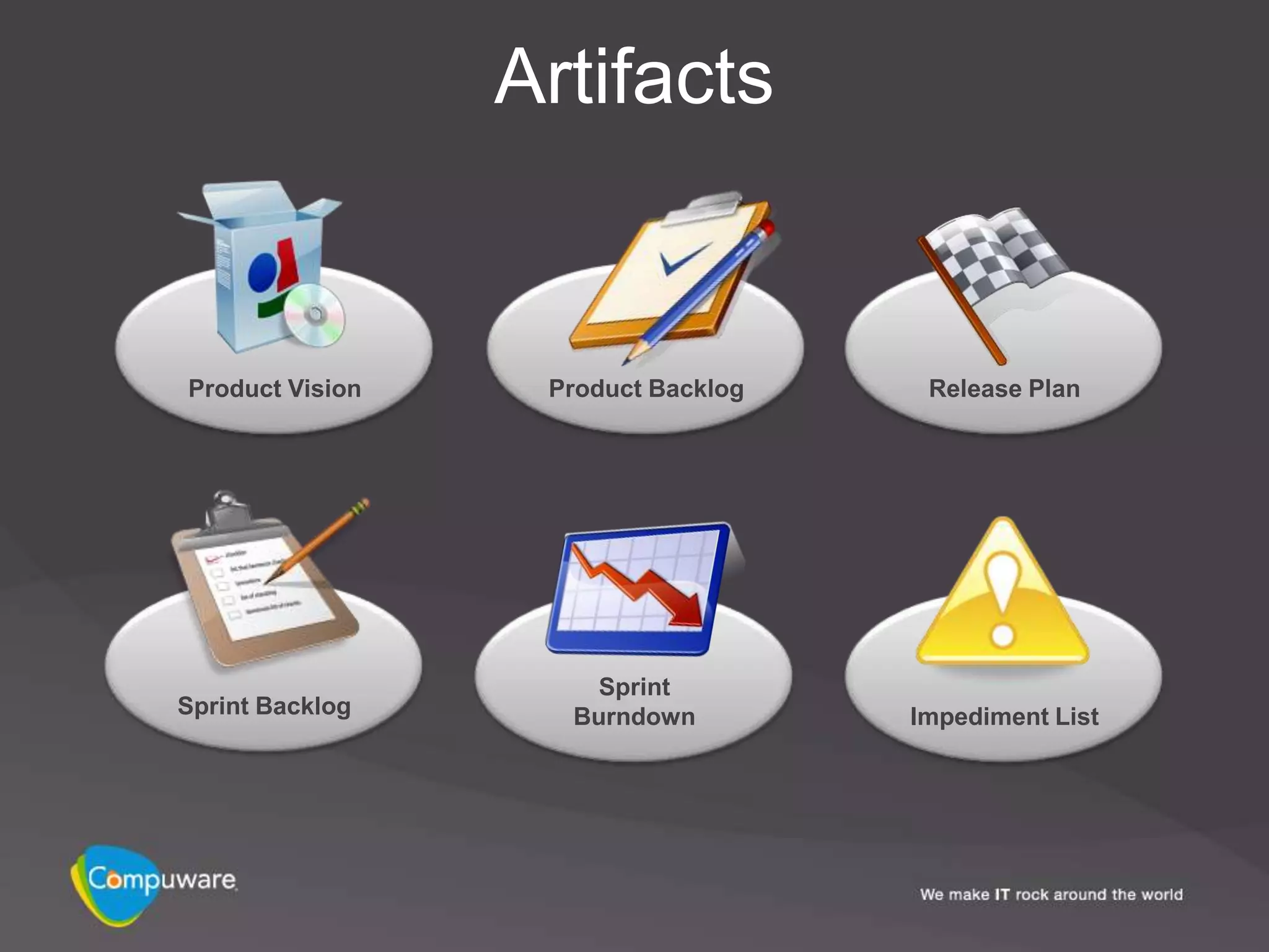 Artifacts


Product Vision    Product Backlog    Release Plan




                     Sprint
Sprint Backlog     Burndown         Impediment List
 