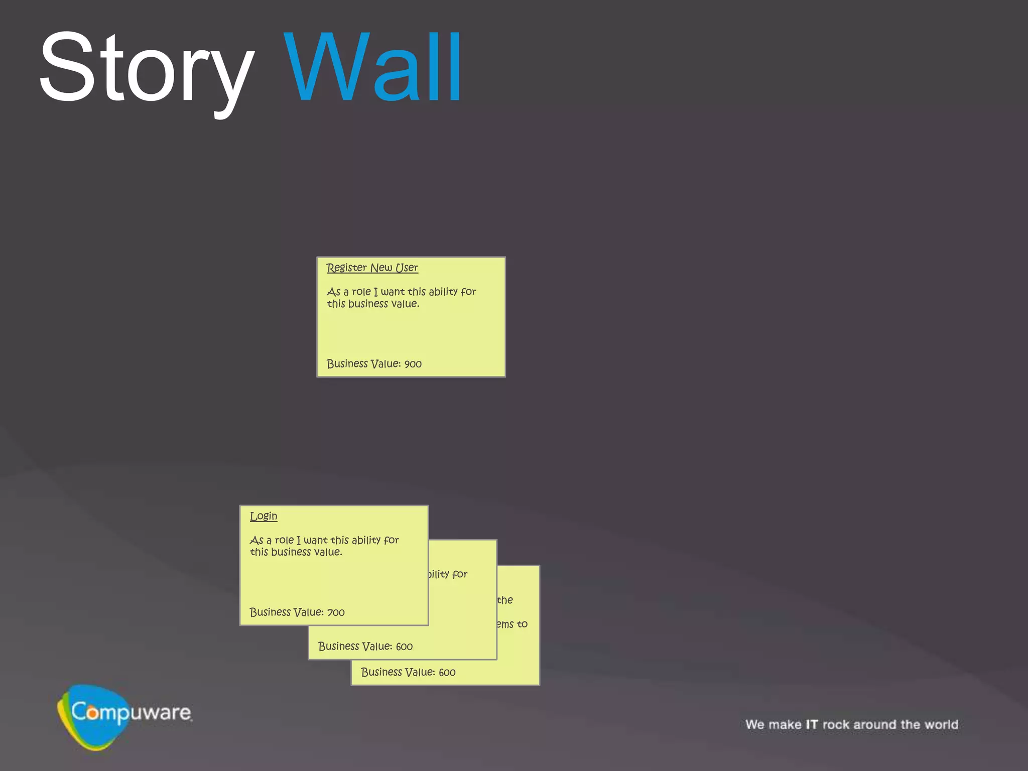 Story Wall
                    Register New User

                    As a role I want this ability for
                    this business value.




                    Business Value: 900




    Login

    As a role I want this ability for
    this business value. Catalog Items
                   Enter

                  As a roleSearch Catalog
                            I want this ability for
                  this business value.
                           As a registered user I want the
    Business Value: 700    ability to search the online
                           catalog so that I can find items to
                           purchase.
                  Business Value: 600

                           Business Value: 600
 