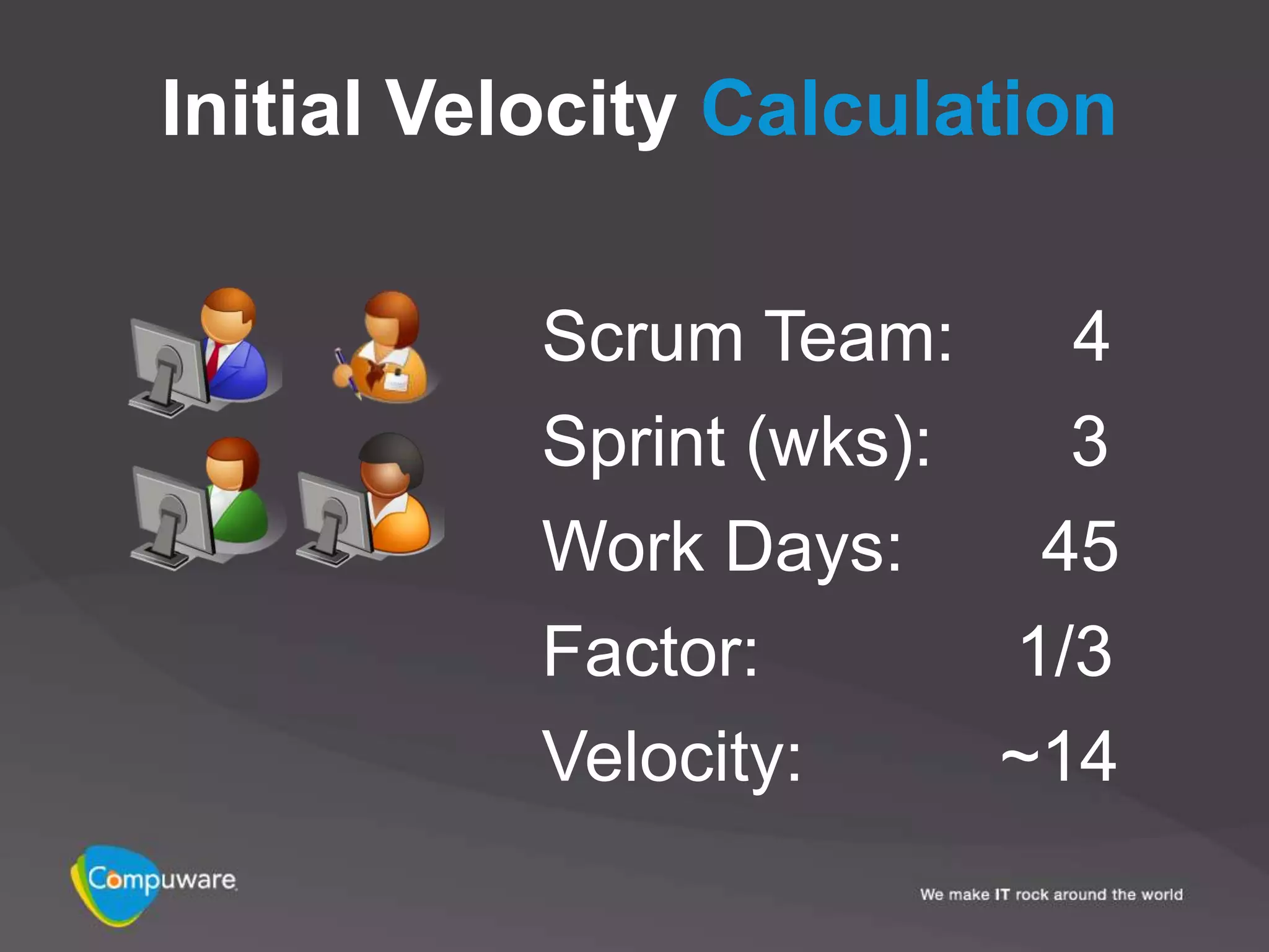 Initial Velocity Calculation

           Scrum Team:     4
           Sprint (wks):   3
           Work Days:     45
           Factor:       1/3
           Velocity:     ~14
 