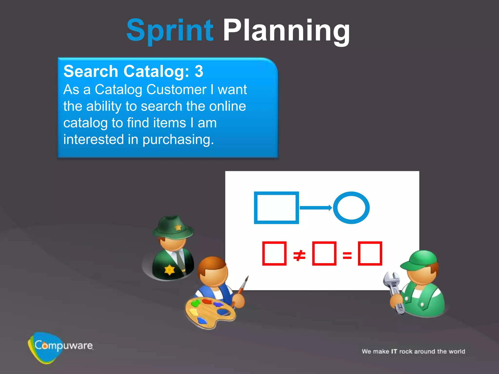Sprint Planning
Search Catalog: 3
As a Catalog Customer I want
the ability to search the online
catalog to find items I am
interested in purchasing.
 