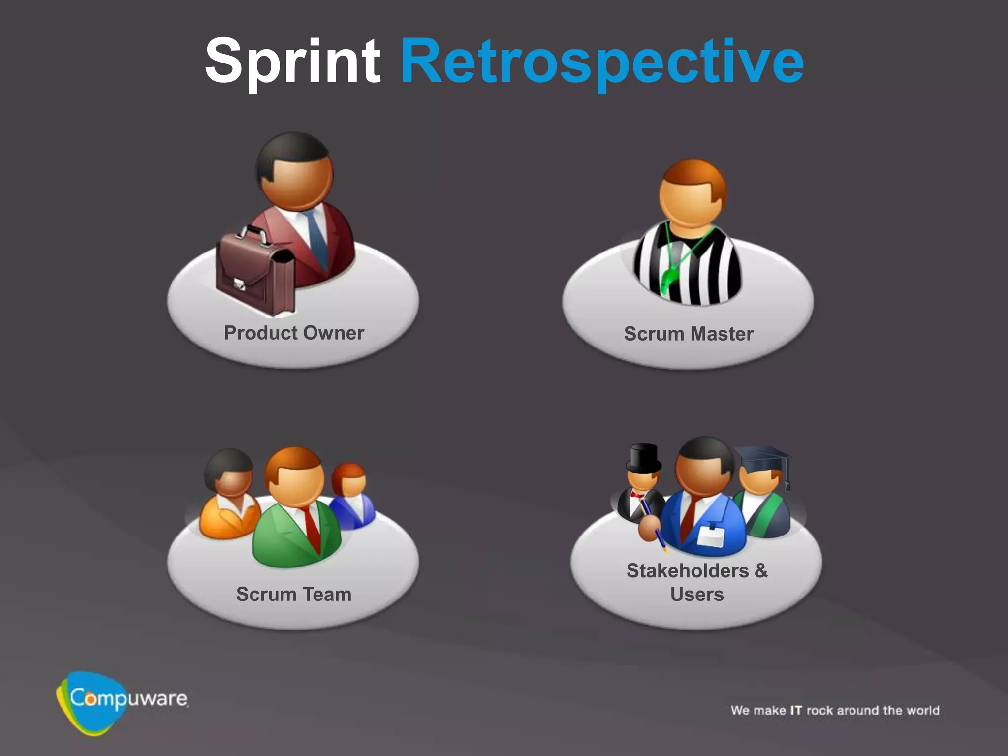 Sprint Retrospective



Product Owner   Scrum Master




                Stakeholders &
 Scrum Team         Users
 