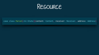 Resource
	case	class	Parcel[+S<:State](content:	Content,	receiver:	Receiver,	address:	Address)	
 