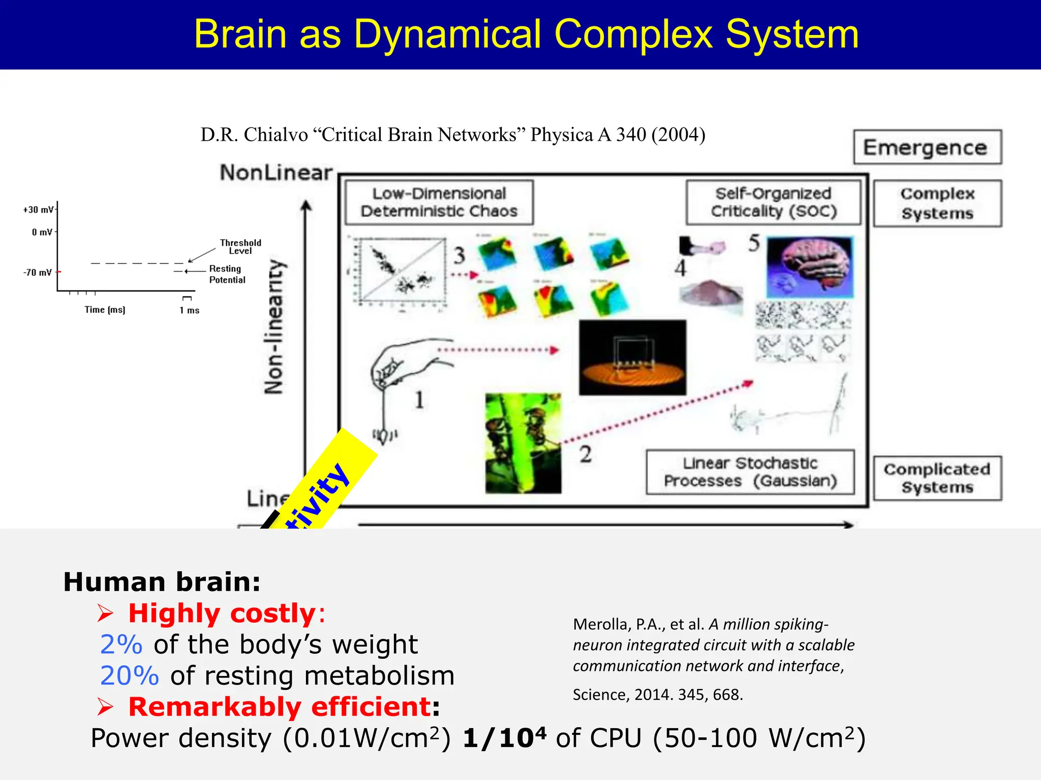 Brain as Dynamical Complex System
D.R. Chialvo “Critical Brain Networks” Physica A 340 (2004)
 High degree of freedom
 Strong nonlinearity
 Complex Connectivity
2
Human brain:
 Highly costly:
2% of the body’s weight
20% of resting metabolism
 Remarkably efficient:
Power density (0.01W/cm2) 1/104 of CPU (50-100 W/cm2)
Merolla, P.A., et al. A million spiking-
neuron integrated circuit with a scalable
communication network and interface,
Science, 2014. 345, 668.
 
