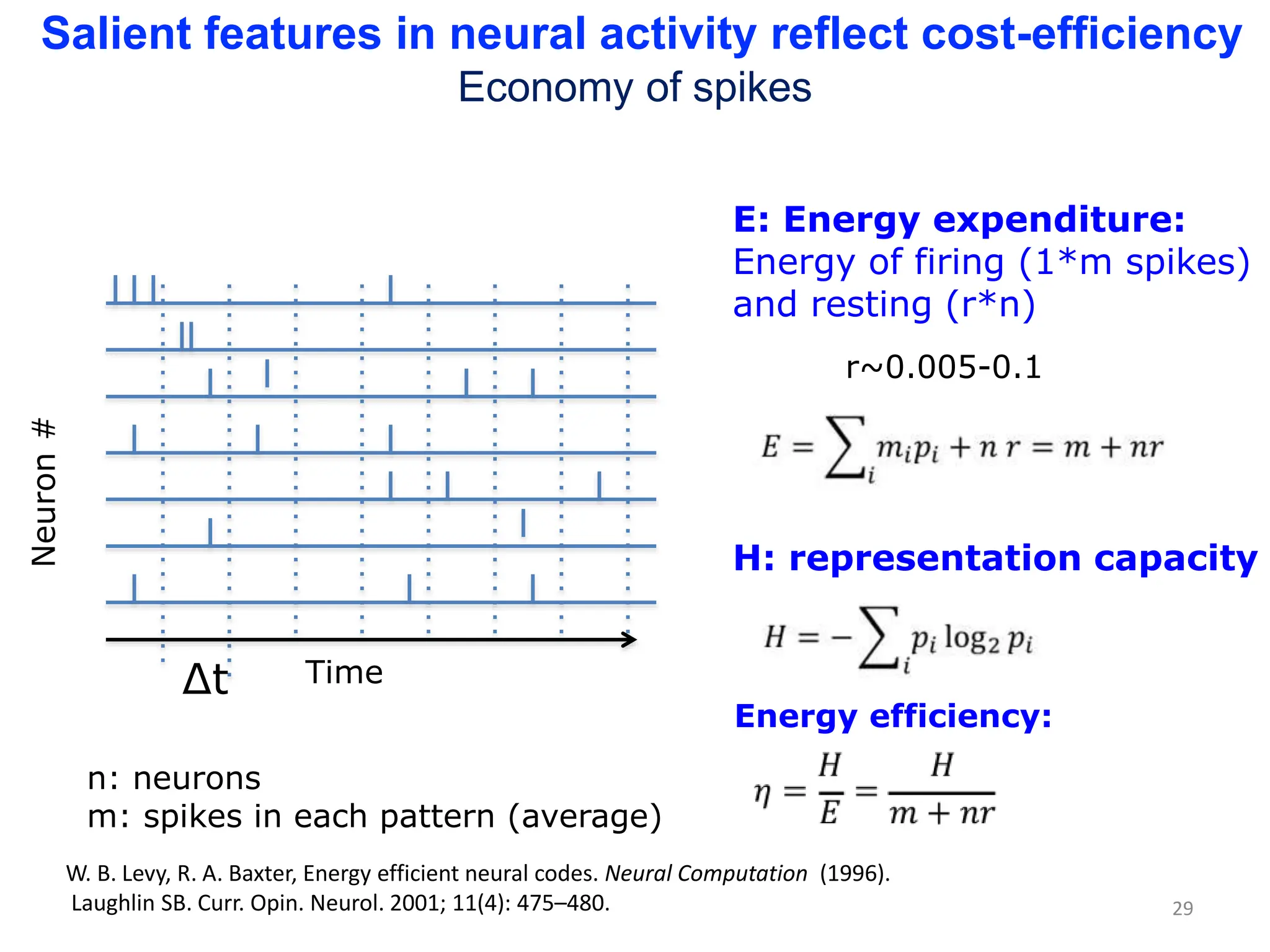 Time
Neuron
#
Δt
E: Energy expenditure:
Energy of firing (1*m spikes)
and resting (r*n)
H: representation capacity
n: neurons
m: spikes in each pattern (average)
Energy efficiency:
r~0.005-0.1
W. B. Levy, R. A. Baxter, Energy efficient neural codes. Neural Computation (1996).
Laughlin SB. Curr. Opin. Neurol. 2001; 11(4): 475–480. 29
Salient features in neural activity reflect cost-efficiency
Economy of spikes
 