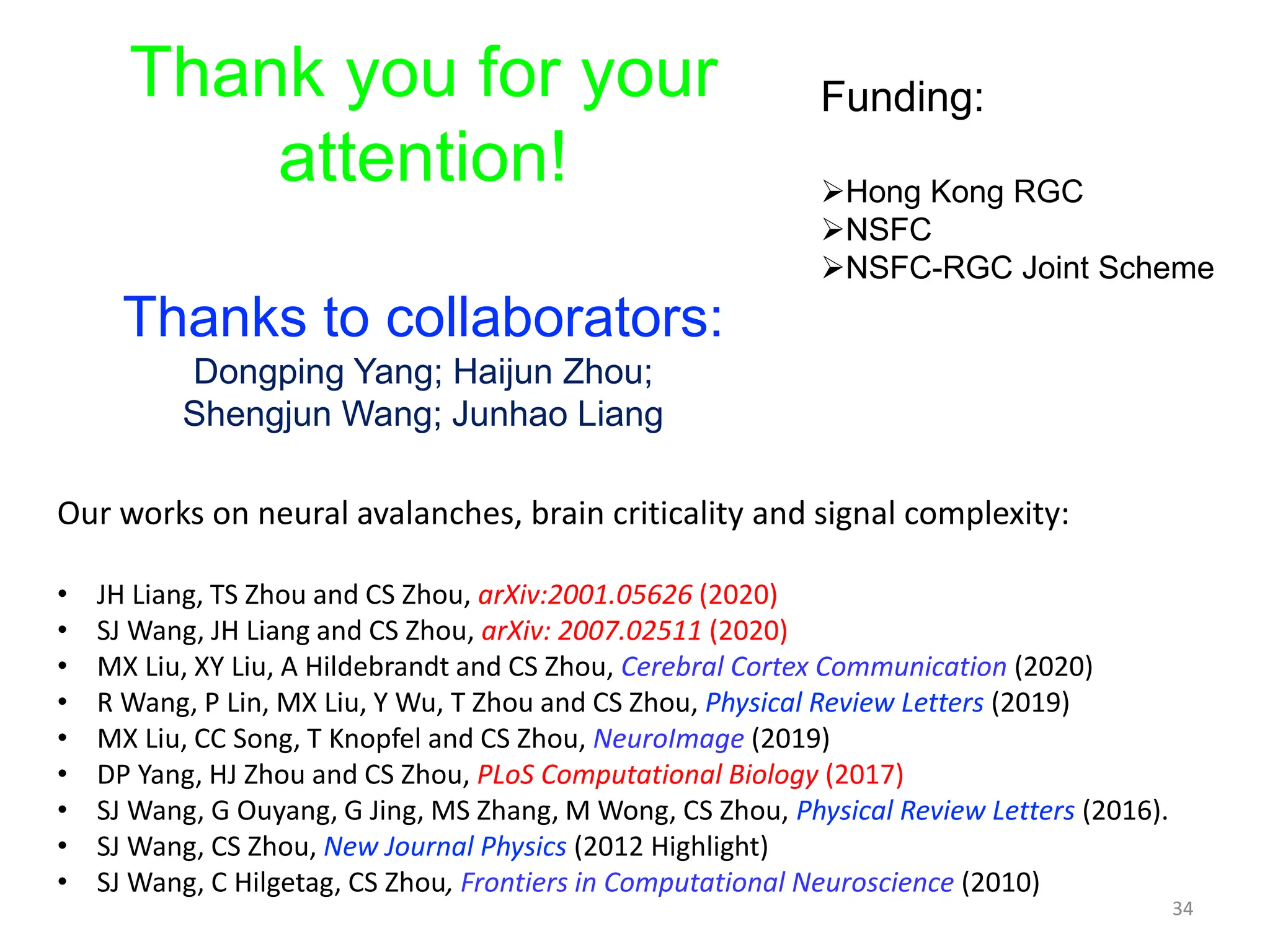 Thank you for your
attention!
Thanks to collaborators:
Dongping Yang; Haijun Zhou;
Shengjun Wang; Junhao Liang
Funding:
Hong Kong RGC
NSFC
NSFC-RGC Joint Scheme
34
Our works on neural avalanches, brain criticality and signal complexity:
• JH Liang, TS Zhou and CS Zhou, arXiv:2001.05626 (2020)
• SJ Wang, JH Liang and CS Zhou, arXiv: 2007.02511 (2020)
• MX Liu, XY Liu, A Hildebrandt and CS Zhou, Cerebral Cortex Communication (2020)
• R Wang, P Lin, MX Liu, Y Wu, T Zhou and CS Zhou, Physical Review Letters (2019)
• MX Liu, CC Song, T Knopfel and CS Zhou, NeuroImage (2019)
• DP Yang, HJ Zhou and CS Zhou, PLoS Computational Biology (2017)
• SJ Wang, G Ouyang, G Jing, MS Zhang, M Wong, CS Zhou, Physical Review Letters (2016).
• SJ Wang, CS Zhou, New Journal Physics (2012 Highlight)
• SJ Wang, C Hilgetag, CS Zhou, Frontiers in Computational Neuroscience (2010)
 