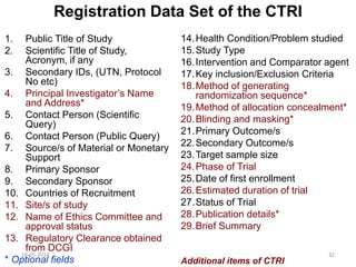 Registration Data Set of the CTRI
1. Public Title of Study
2. Scientific Title of Study,
Acronym, if any
3. Secondary IDs, (UTN, Protocol
No etc)
4. Principal Investigator’s Name
and Address*
5. Contact Person (Scientific
Query)
6. Contact Person (Public Query)
7. Source/s of Material or Monetary
Support
8. Primary Sponsor
9. Secondary Sponsor
10. Countries of Recruitment
11. Site/s of study
12. Name of Ethics Committee and
approval status
13. Regulatory Clearance obtained
from DCGI
* Optional fields
14.Health Condition/Problem studied
15.Study Type
16.Intervention and Comparator agent
17.Key inclusion/Exclusion Criteria
18.Method of generating
randomization sequence*
19.Method of allocation concealment*
20.Blinding and masking*
21.Primary Outcome/s
22.Secondary Outcome/s
23.Target sample size
24.Phase of Trial
25.Date of first enrollment
26.Estimated duration of trial
27.Status of Trial
28.Publication details*
29.Brief Summary
Additional items of CTRI
16-05-2014 32
 