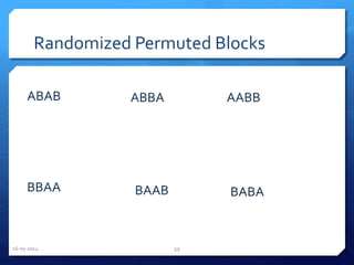 Randomized Permuted Blocks
ABAB AABB
BBAA BABA
ABBA
BAAB
16-05-2014 59
 