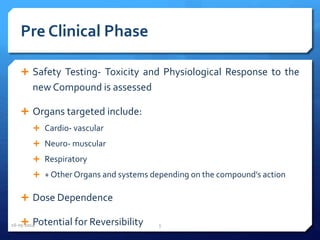 Pre Clinical Phase
 Safety Testing- Toxicity and Physiological Response to the
new Compound is assessed
 Organs targeted include:
 Cardio- vascular
 Neuro- muscular
 Respiratory
 + Other Organs and systems depending on the compound’s action
 Dose Dependence
 Potential for Reversibility16-05-2014 5
 
