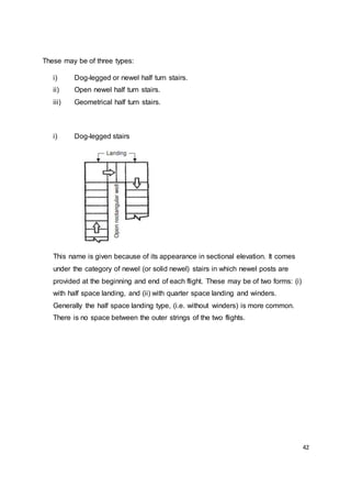 42
These may be of three types:
i) Dog-legged or newel half turn stairs.
ii) Open newel half turn stairs.
iii) Geometrical half turn stairs.
i) Dog-legged stairs
This name is given because of its appearance in sectional elevation. It comes
under the category of newel (or solid newel) stairs in which newel posts are
provided at the beginning and end of each flight. These may be of two forms: (i)
with half space landing, and (ii) with quarter space landing and winders.
Generally the half space landing type, (i.e. without winders) is more common.
There is no space between the outer strings of the two flights.
 