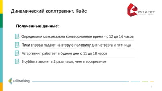 Динамический коллтрекинг. Кейс
Полученные данные:
Определили максимально конверсионное время - с 12 до 16 часов
Пики спроса падают на вторую половину дня четверга и пятницы
Ретаргетинг работает в будние дни с 11 до 18 часов
В суббота звонят в 2 раза чаще, чем в воскресенье
9
 