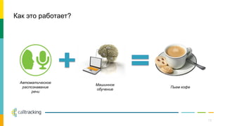 Как это работает?
Автоматическое
распознавание
речи
Машинное
обучение
Пьем кофе
13
 