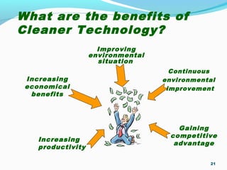 What are the benefits of
Cleaner Technology?
Improving
environmental
situation
21
Increasing
economical
benefits
Increasing
productivity
Gaining
competitive
advantage
Continuous
environmental
improvement
 