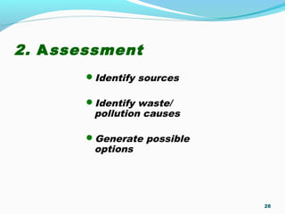 2. Assessment
Identify sources
Identify waste/
pollution causes
Generate possible
options
28
 