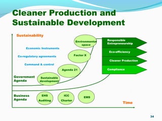 Cleaner Production and
Sustainable Development
34
Responsible
Entrepreneurship
Eco-efficiency
Cleaner Production
Compliance
Government
Agenda
Business
Agenda
ICC
Charter
EMS
EHS
Auditing
Sustainable
development
Agenda 21
Factor X
Environmental
space
Time
Sustainability
Economic Instruments
Co-regulatory agreements
Command & control
 