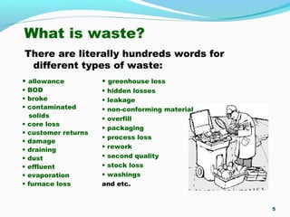 What is waste?
There are literally hundreds words for
different types of waste:
5
• greenhouse loss
• hidden losses
• leakage
• non-conforming material
• overfill
• packaging
• process loss
• rework
• second quality
• stock loss
• washings
and etc.
• allowance
• BOD
• broke
• contaminated
solids
• core loss
• customer returns
• damage
• draining
• dust
• effluent
• evaporation
• furnace loss
 