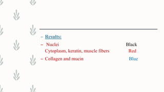 – Results:
– Nuclei Black
Cytoplasm, keratin, muscle fibers Red
– Collagen and mucin Blue
 