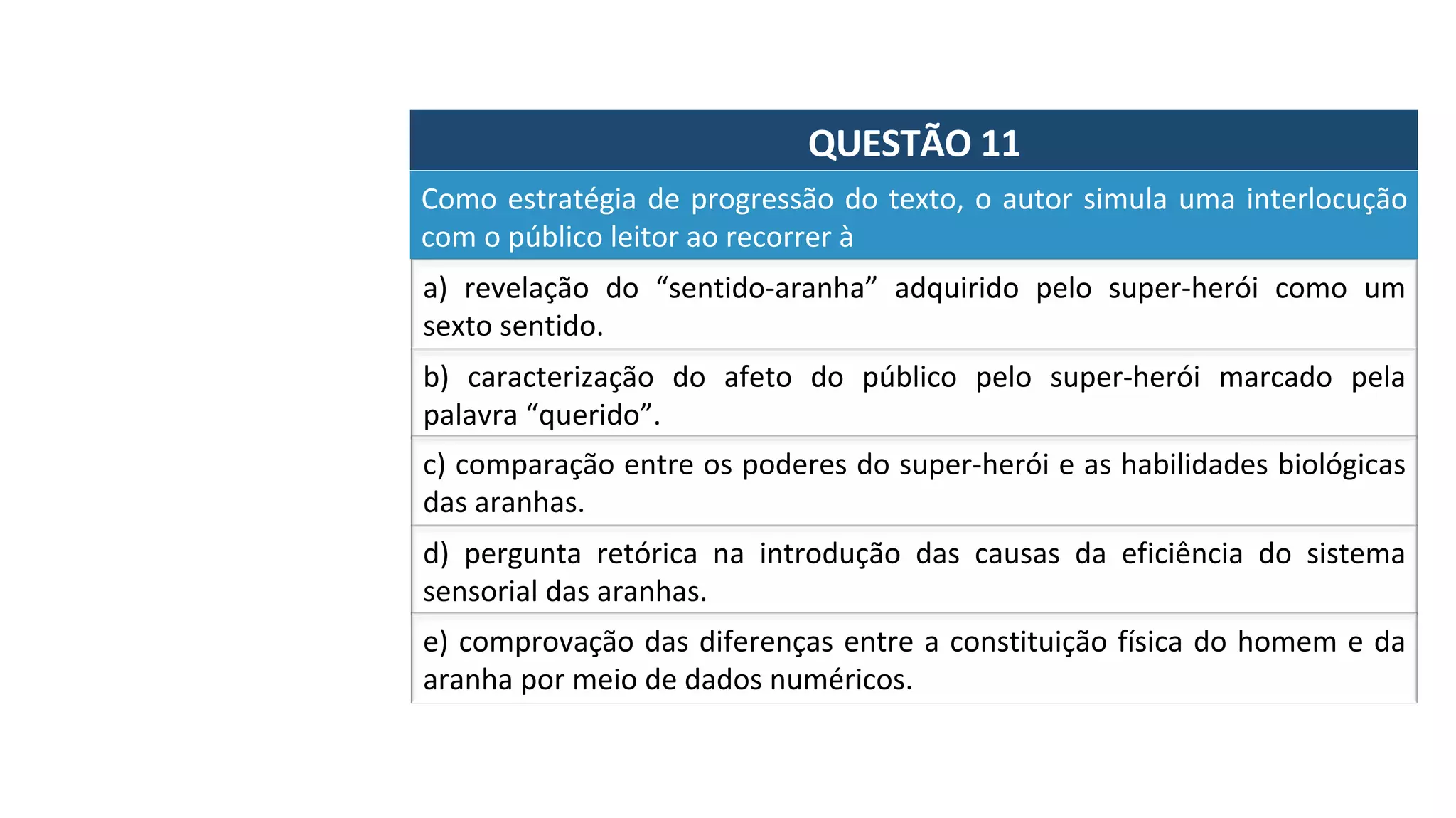 QUESTÃO	11	
Como	estratégia	de	progressão	do	texto,	o	autor	simula	uma	interlocução	
com	o	público	leitor	ao	recorrer	à		
a)	 revelação	 do	 “sentido-aranha”	 adquirido	 pelo	 super-herói	 como	 um	
sexto	sentido.		
b)	 caracterização	 do	 afeto	 do	 público	 pelo	 super-herói	 marcado	 pela	
palavra	“querido”.		
c)	comparação	entre	os	poderes	do	super-herói	e	as	habilidades	biológicas	
das	aranhas.		
d)	 pergunta	 retórica	 na	 introdução	 das	 causas	 da	 eficiência	 do	 sistema	
sensorial	das	aranhas.		
e)	comprovação	das	diferenças	entre	a	constituição	física	do	homem	e	da	
aranha	por	meio	de	dados	numéricos.		
 