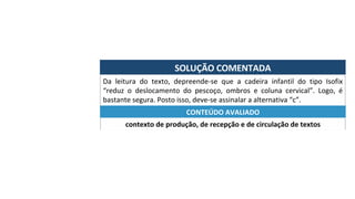 SOLUÇÃO	COMENTADA	
Da	 leitura	 do	 texto,	 depreende-se	 que	 a	 cadeira	 infantil	 do	 tipo	 Isofix	
“reduz	 o	 deslocamento	 do	 pescoço,	 ombros	 e	 coluna	 cervical”.	 Logo,	 é	
bastante	segura.	Posto	isso,	deve-se	assinalar	a	alternativa	“c”.	
contexto	de	produção,	de	recepção	e	de	circulação	de	textos	
CONTEÚDO	AVALIADO	
 